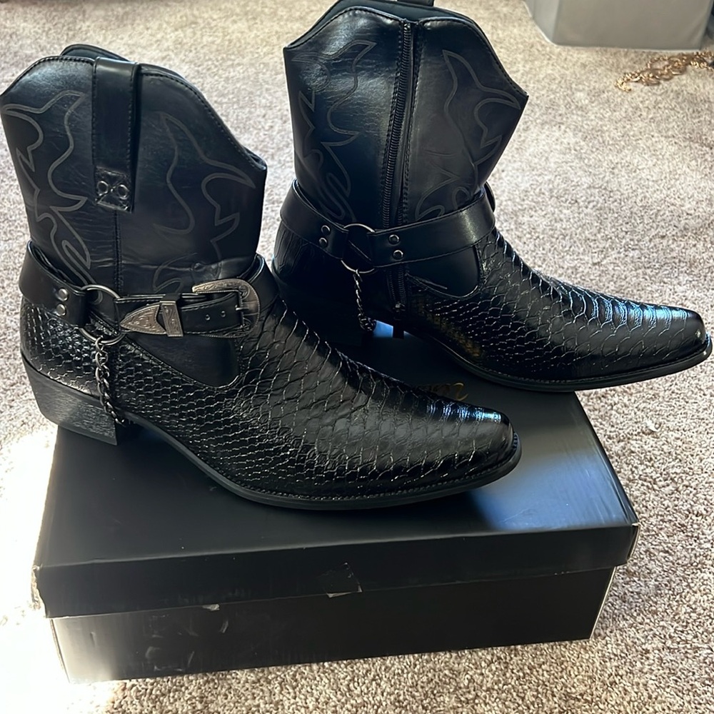 Metrocharm Diego-01 Belt Buckle Chain Strap Black Western Cowboy Boots Mens 10.5